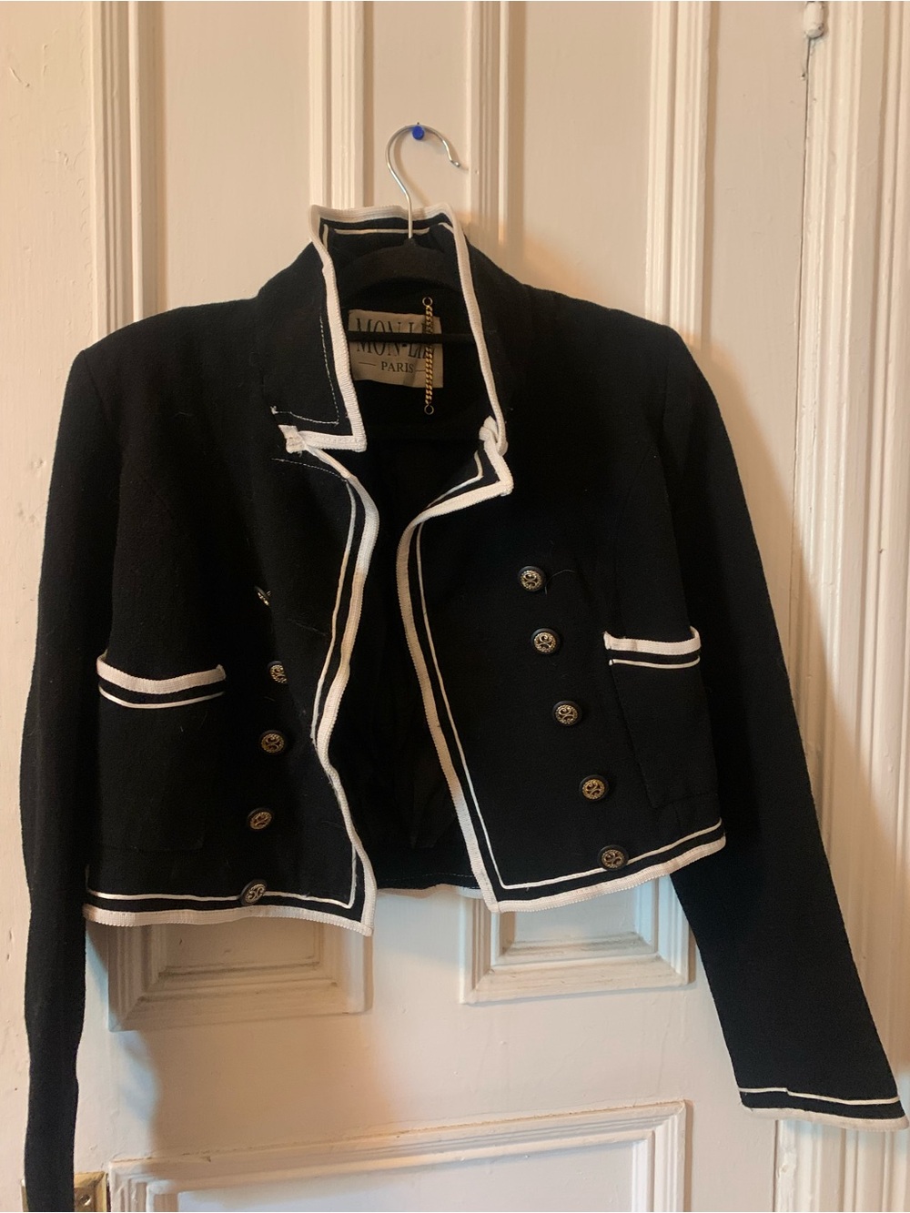 Black Cropped Double-Breasted Blazer with White Trim